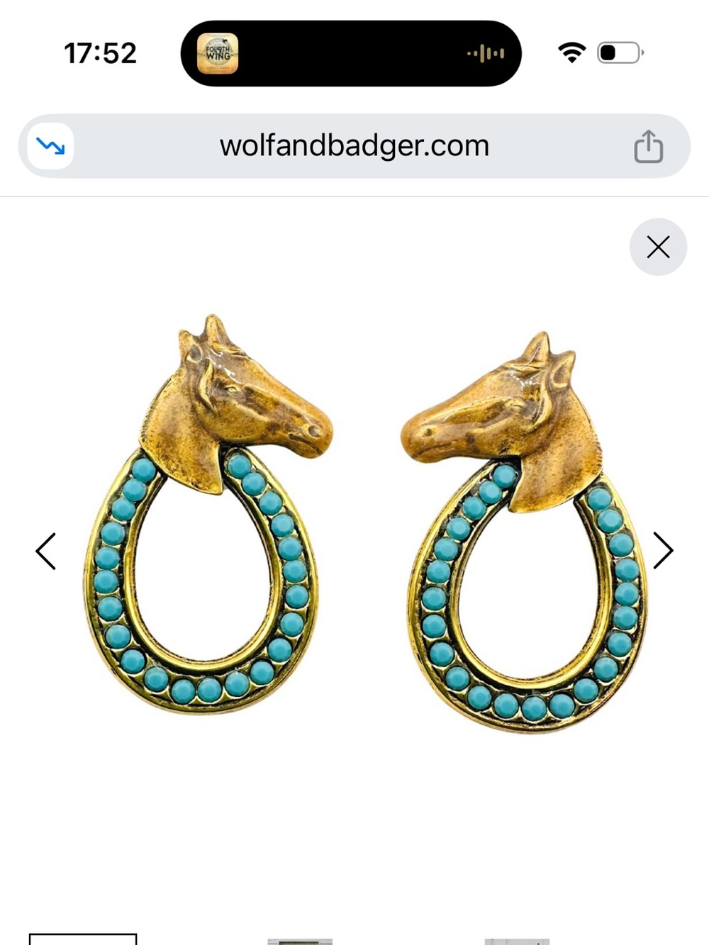 Gold Horse Head Hoop Earrings with Turquoise Accents